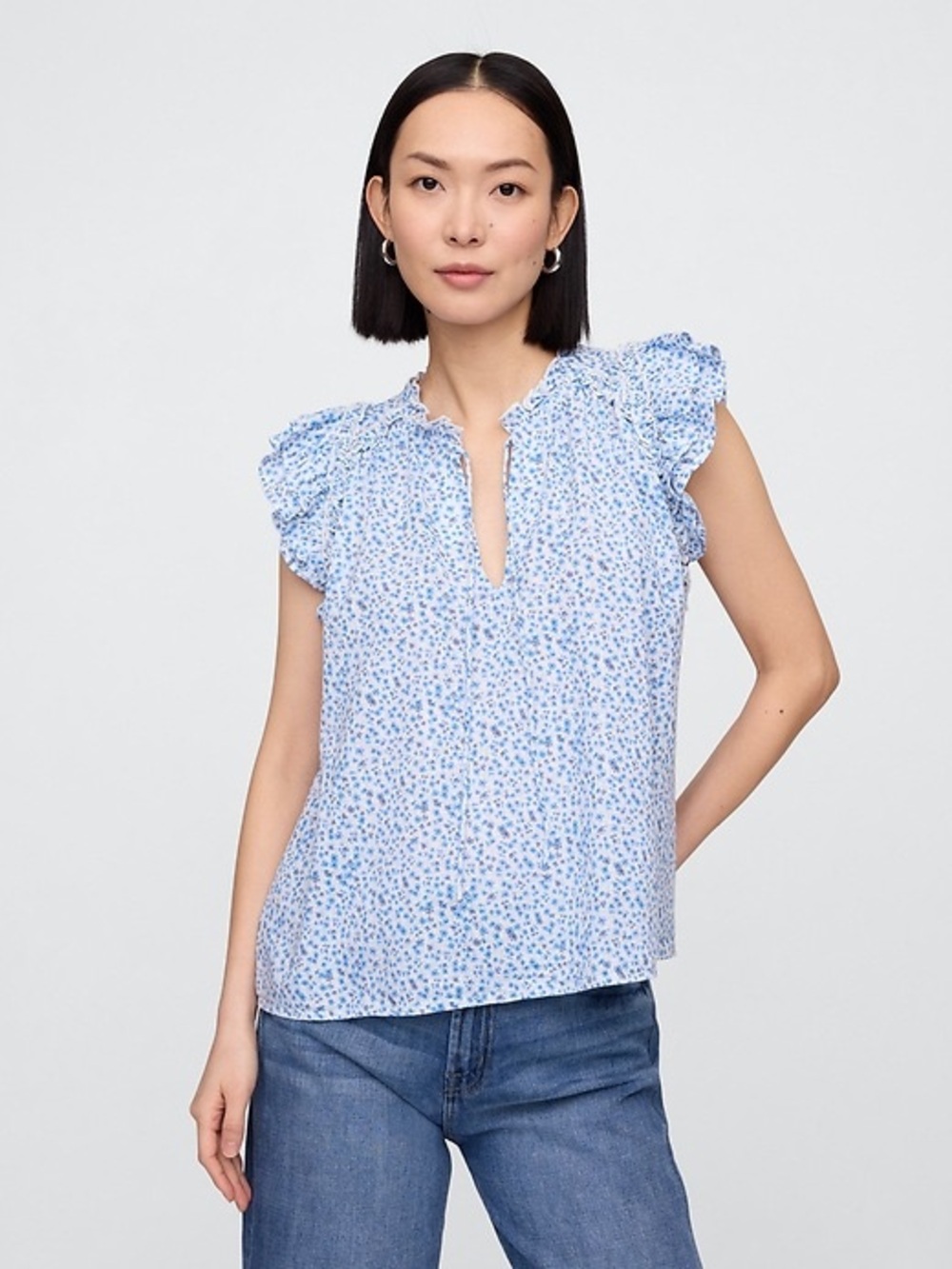 Gap Light Blue Floral Ruffle Splitneck Top Blouse Large NWT Coquette Feminine